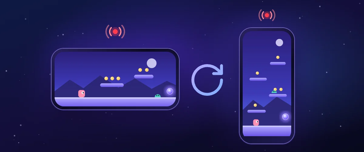 横向きと縦向きのスマホが並び、どちらにもゲーム画面が映っている。間に回転の矢印があり、それぞれの上に配信の電波マークがある