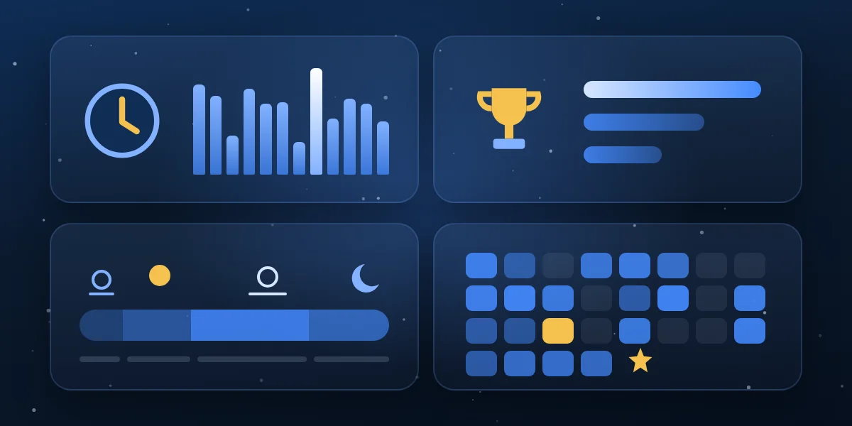 Four cards: a clock with a bar chart, a trophy with three ranking bars, a bar split into morning, afternoon, evening and night, and a calendar with some squares lit