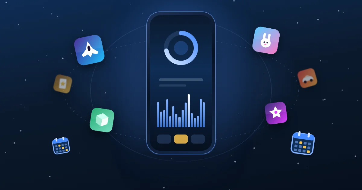 A phone showing a report page with a ring chart and bar chart, with game icons and small calendars floating around it