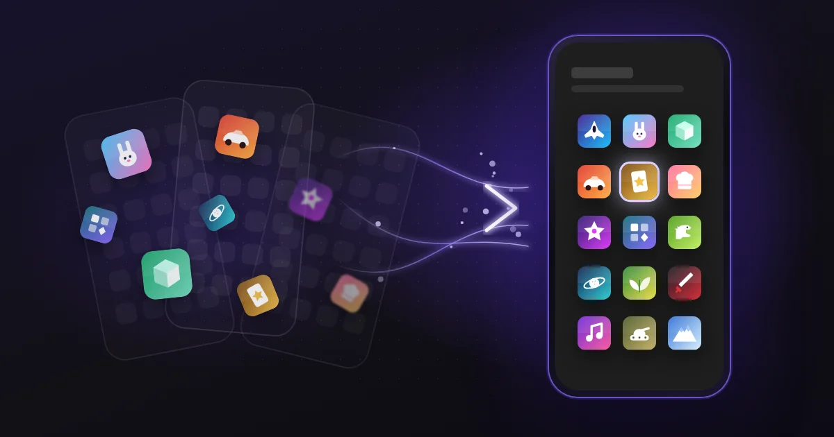 Game icons scattered across several home screens, lined up neatly inside one phone