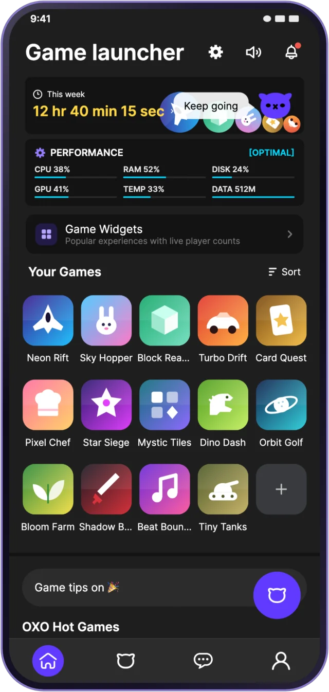The OXO home screen with every game in one tidy game library grid