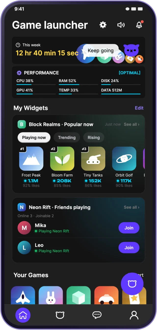Two widget cards on the OXO home screen showing live game activity